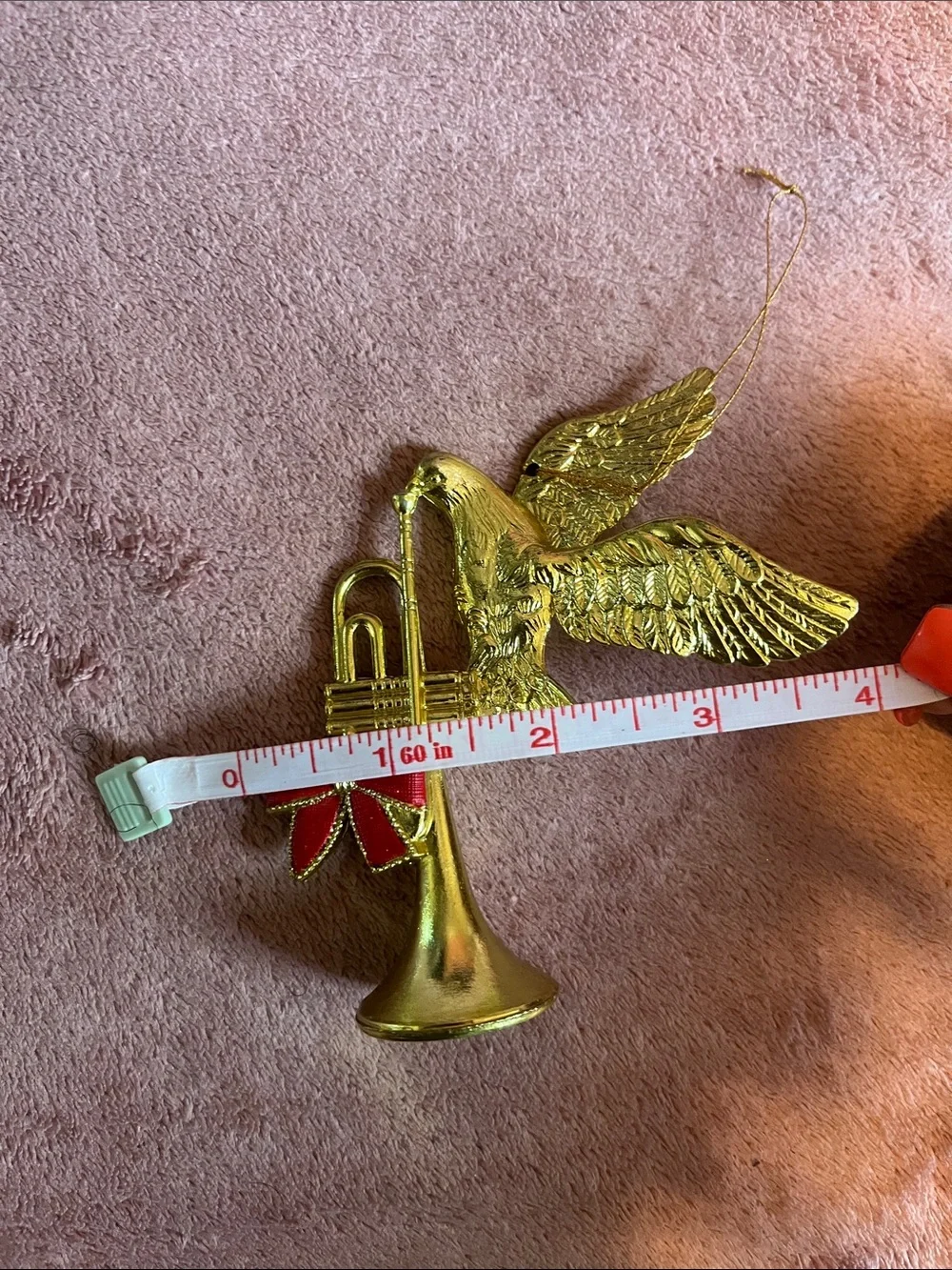 Vintage Gold Flying Dove with Trumpet Holiday Ornament with Red Bow